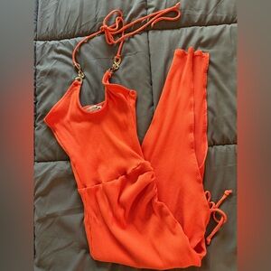 Fashion Nova Orange Ribbed High Slit Midi Dress with Gold Chain Strap Details.